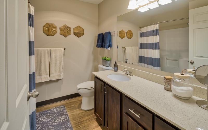 a bathroom with a large mirror
